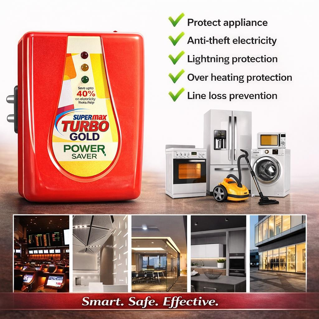 Supermax Turbo Gold Power Saver device with features listed and images of appliances and indoor settings.