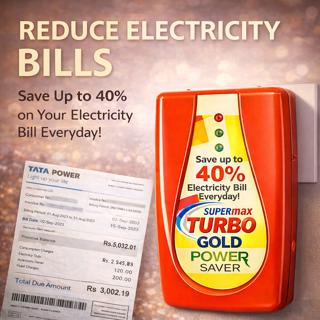 Supermax Turbo Gold Power Saver device with electricity bill and text on a blurred background