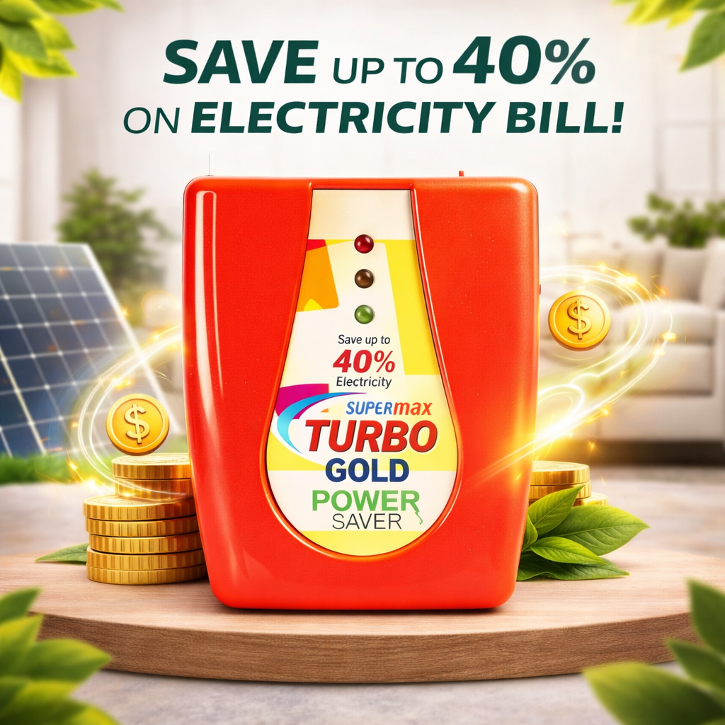 Supermax Turbo Gold Power Saver device with electricity saving text and solar panel in the background