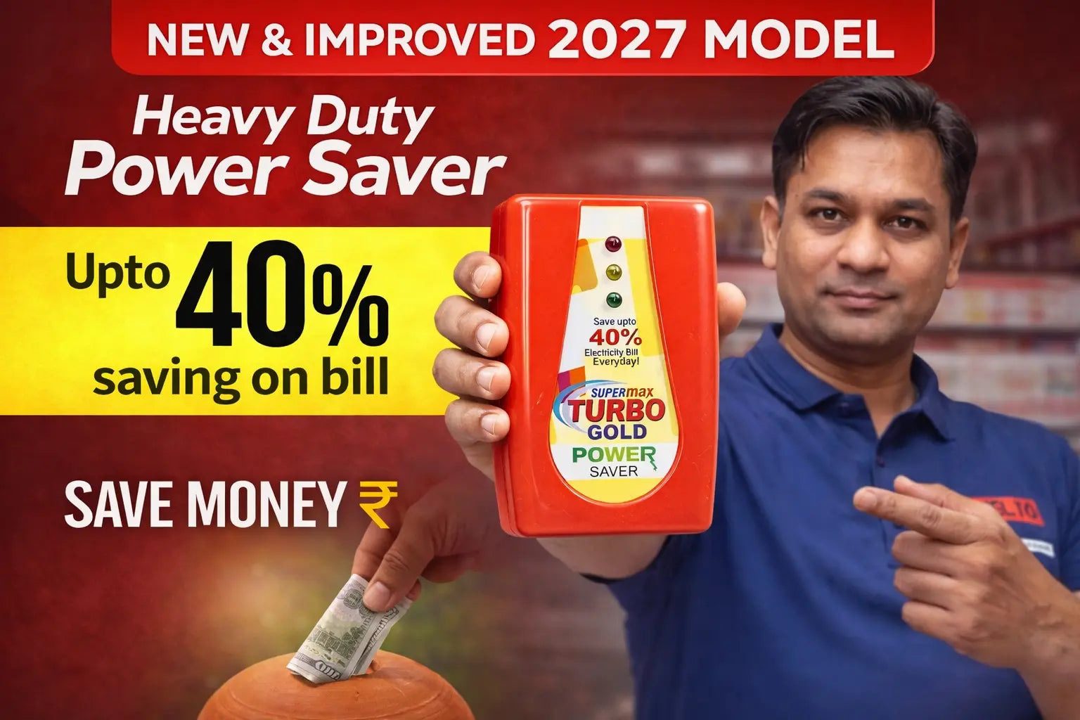 Person holding a product with promotional text about savings and a 2027 model label.