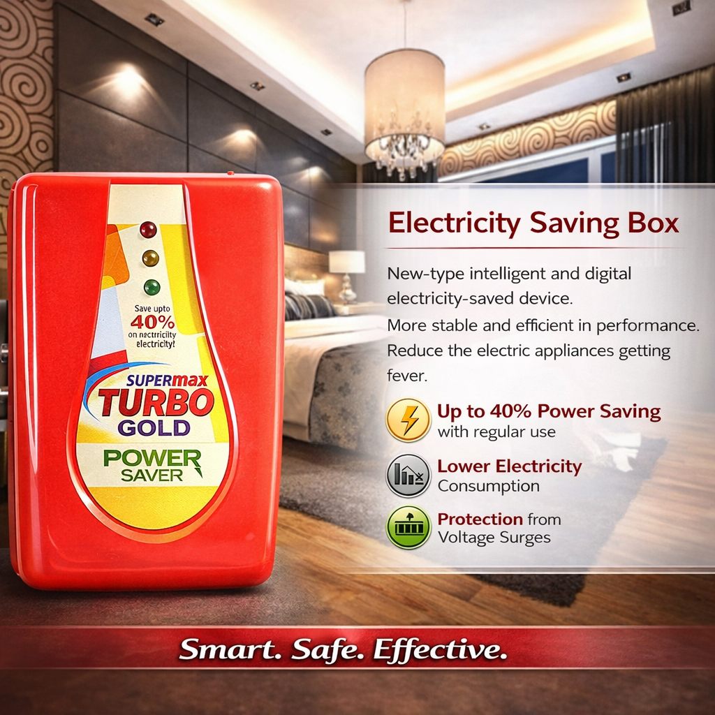 Supermax Turbo Gold Power Saver electricity saving box with a living room background
