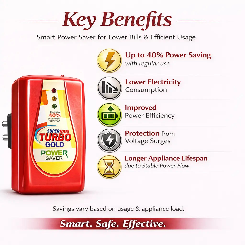 Red power saver device with key benefits listed on a white background